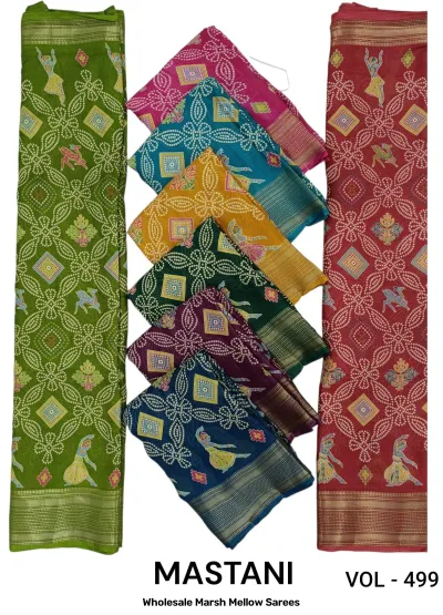 Wholesale Marsh Mellow Sarees Vol 499: Catalog cover displaying multi-colored sarees featuring folk-inspired printed motifs and zari borders.