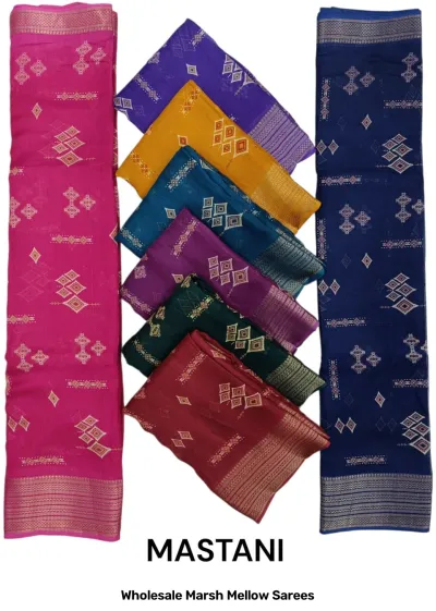 Wholesale Marsh Mellow Sarees: Catalog cover displaying multi-colored sarees with geometric diamond patterns and zari borders.