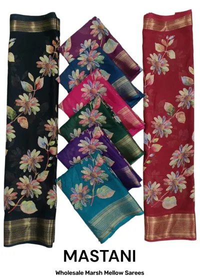 Wholesale Marsh Mellow Sarees: Catalog cover showing multi-colored sarees with large floral prints and zari borders.