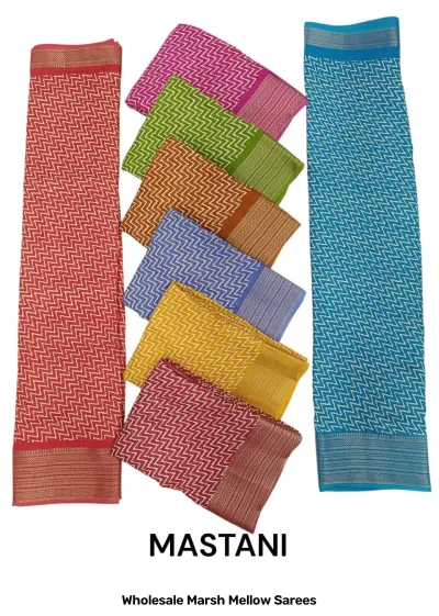Wholesale Marsh Mellow Sarees: Catalog cover featuring multi-colored sarees with chevron zigzag prints and zari borders.