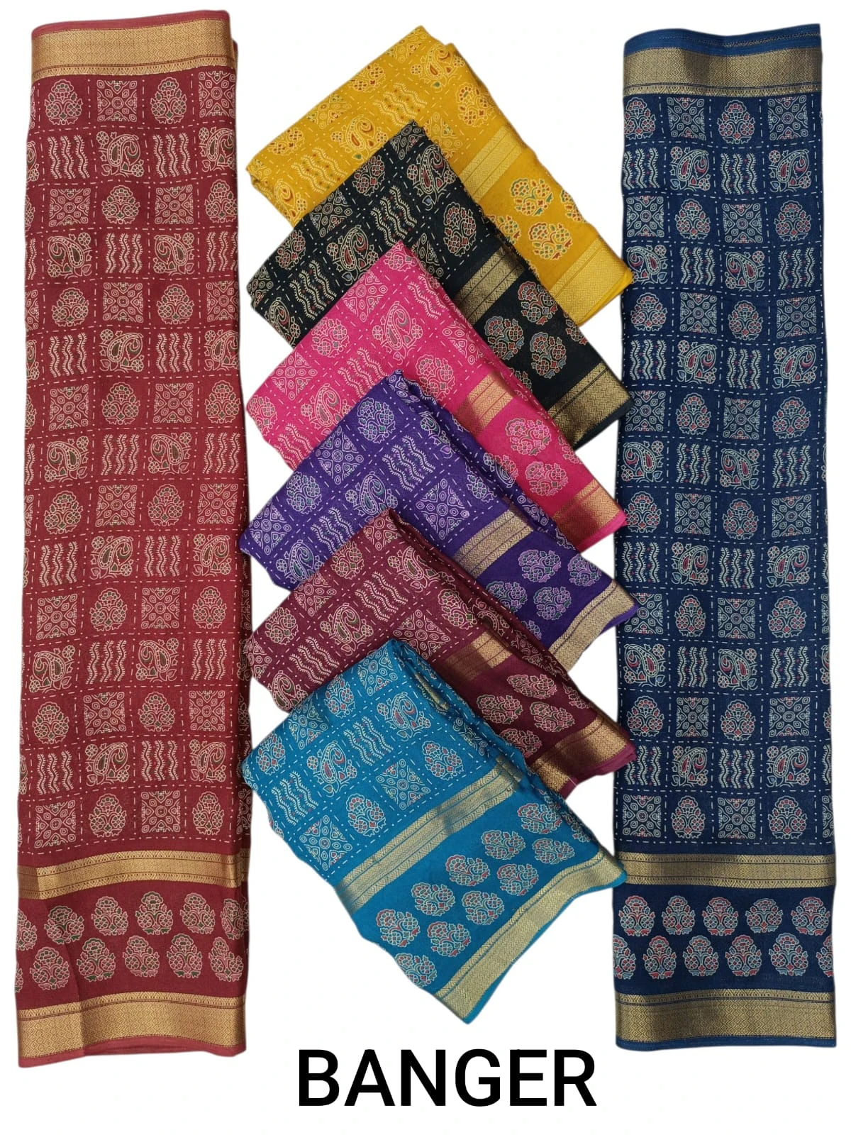 Wholesale Marsh Mellow Sarees with Bentex Border: A catalog collage of multi-colored printed sarees featuring geometric patterns and gold zari borders.