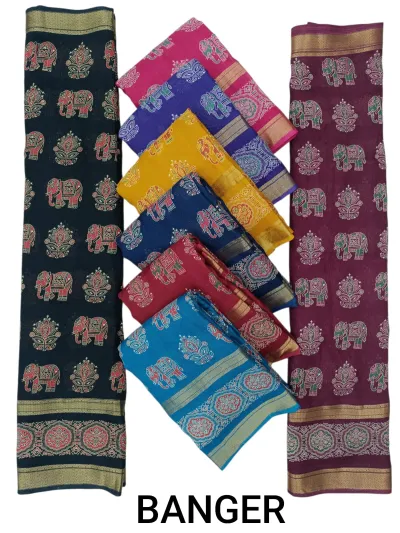 Wholesale Marsh Mellow Sarees with Bentex Border: A catalog collage of multi-colored printed sarees featuring elephant and floral motifs with gold zari borders.
