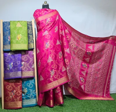 Wholesale Premium Dola Silk Saree Full Body Jari Work: A catalog display featuring multi-colored Dola silk sarees with patterned geometric zari work borders.