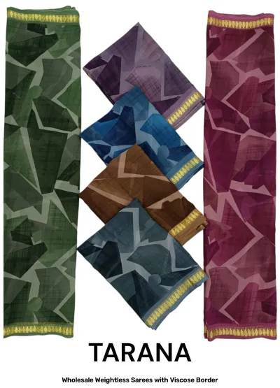 Wholesale Weightless Sarees with Viscose Border, geometric print saree collection in various colors with viscose borders.
