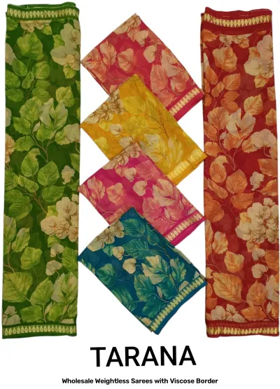 Wholesale Weightless Sarees with Viscose Border, leaf pattern printed saree collection in multiple colors with viscose borders.