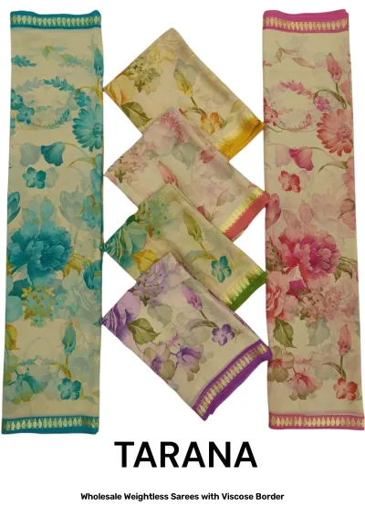 Wholesale Weightless Sarees with Viscose Border, floral print saree collection on cream base with colorful viscose borders.