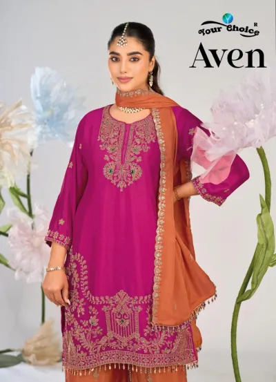 Your Choice Aven: A magenta kurta with intricate golden zari thread work and an orange dupatta with scalloped edges.