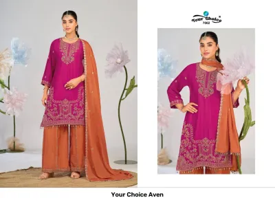 Your Choice Aven: A two-part image displaying magenta and orange salwar suits with detailed zari thread embellishments and matching dupattas.
