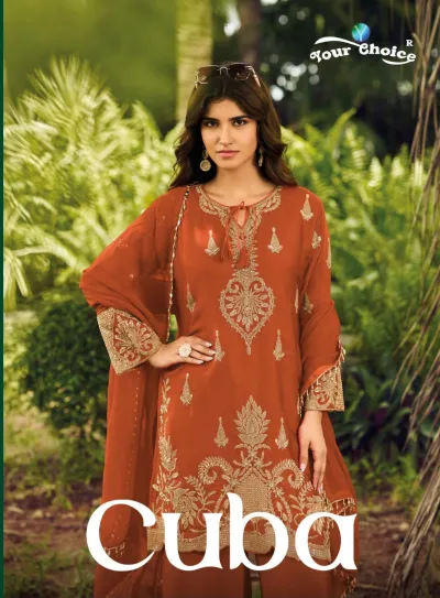 Your Choice Cuba: A model wearing a rust-orange salwar suit with gold zari work embroidery, paired with a matching dupatta and palazzo pants.