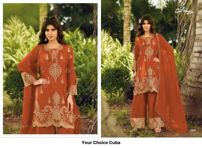 Your Choice Cuba: A catalog collage featuring a model in a rust-orange salwar suit with elaborate gold zari work embroidery and palazzo pants.
