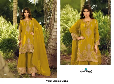 Your Choice Cuba: A catalog collage featuring a model in a mustard-yellow salwar suit with gold zari work embroidery, dupatta, and palazzo pants.
