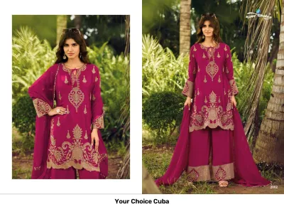 Your Choice Cuba: A catalog collage featuring a model in a magenta salwar suit with gold zari work embroidery, dupatta, and palazzo pants.