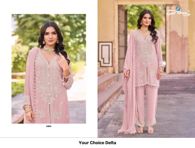 Your Choice Delta, pink salwar suit featuring a kurta with white thread work embroidery, matching straight trousers, and a dupatta with tassel detailing.