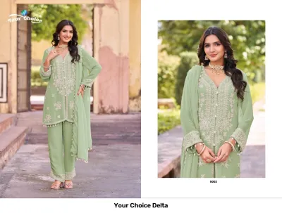 Your Choice Delta, light green salwar suit featuring a kurta with white thread work embroidery, matching trousers, and a dupatta with tassel detailing.
