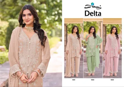 Your Choice Delta catalog collage showcasing three salwar suit sets in beige, light green, and pink, each with white thread embroidery and tassels.
