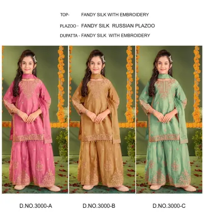 Zaina Joh Kids Wear 3000 Embroidery Work: A catalog collage of three children's silk salwar suits in pink, gold, and green with embroidery work.
