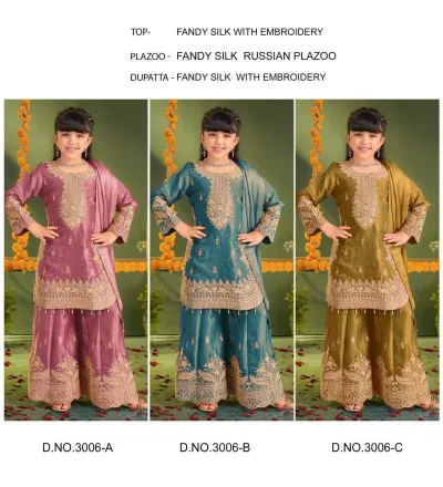 Zaina Joh Kids Wear 3006 Embroidery Work catalog cover featuring girls wearing salwar suits in pink, teal, and olive with intricate gold embroidery.