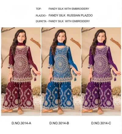 Zaina Joh Kids Wear 3014 Embroidery Work: Catalog collage featuring kids' salwar suits in maroon, blue, and purple with heavy thread embroidery work.