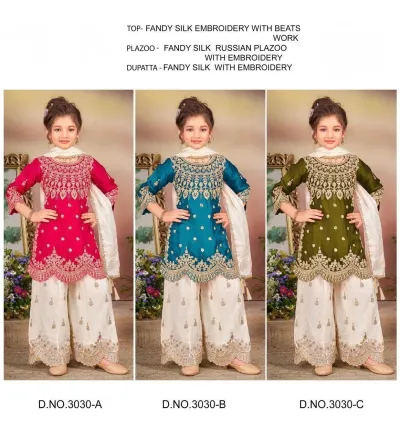 Zaina Joh Kids Wear 3030 Beads Work: Catalog collage featuring three kids' salwar suits in pink, teal, and olive green with beads and embroidery.