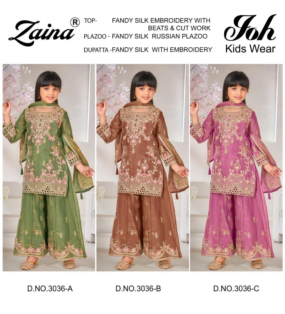 Zaina Joh Kids Wear 3036 Beads Work, catalog collage showing girls wearing silk salwar suits in green, brown, and purple with embroidery and bead work.