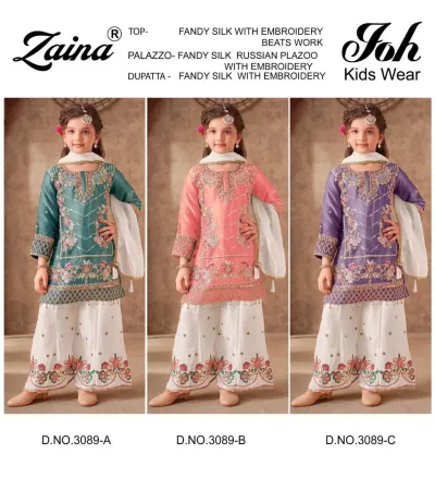 Zaina Joh Kids Wear 3089 Beads Work: Catalog collage of girls' silk salwar suits in teal, pink, and purple with embroidery and white palazzos.