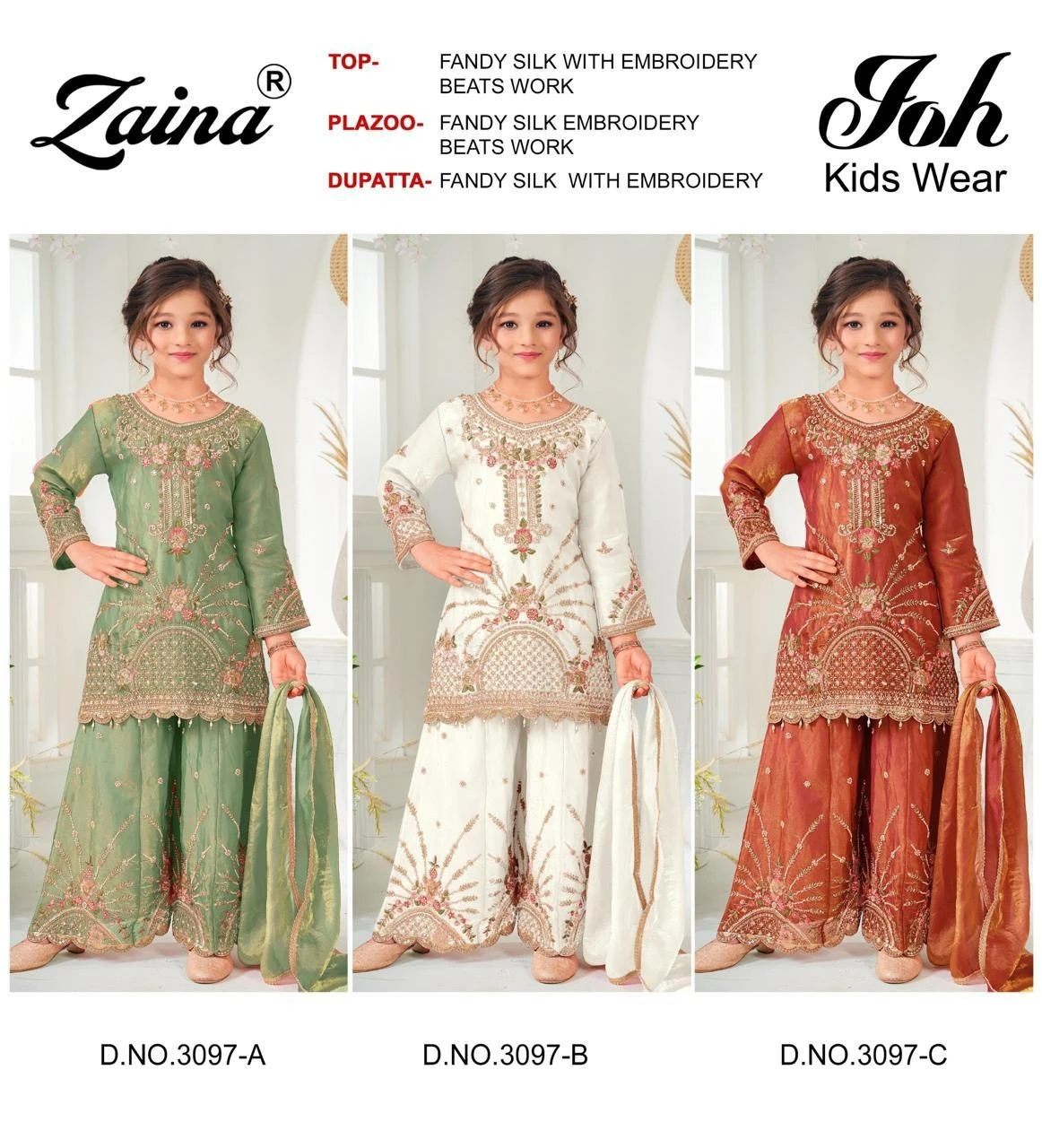 Zaina Joh Kids Wear 3097 Beads Work catalog cover featuring three young girls in silk salwar suits with intricate embroidery and bead work.