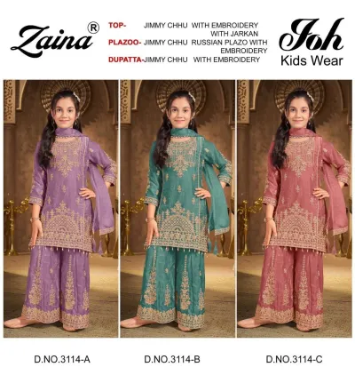 Zaina Joh Kids Wear 3114 Embroidery Work: Catalog collage featuring purple, teal, and pink salwar suits with heavy embroidery, jarkan, and matching dupattas.