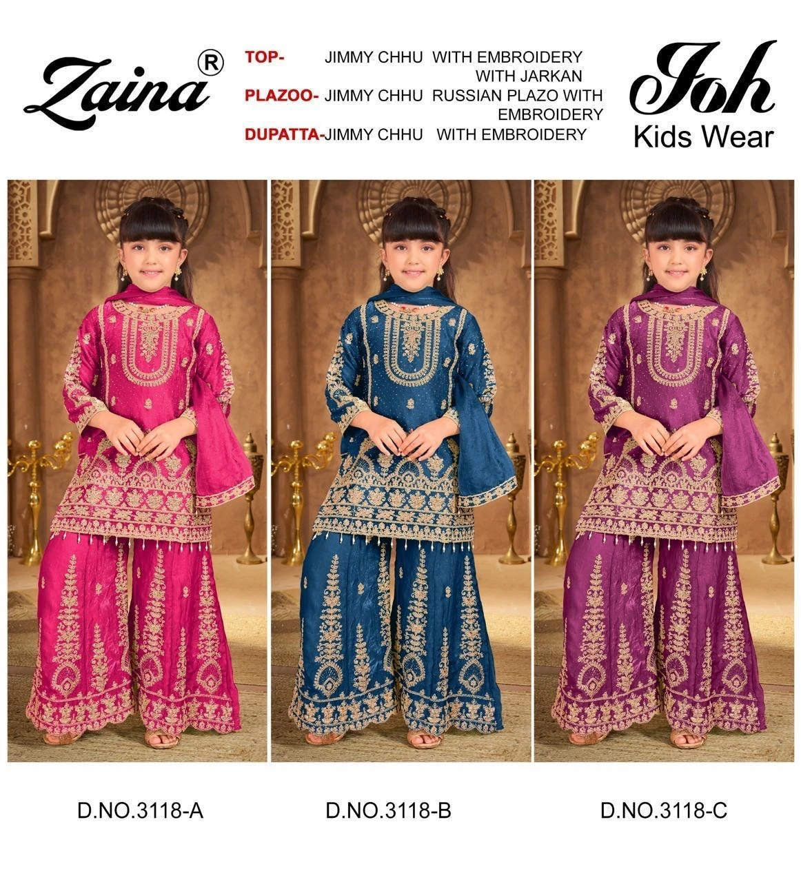 Zaina Joh Kids Wear 3118 Embroidery Work: Catalog collage showing three girls in pink, blue, and purple salwar suits with embroidery and jarkan work.