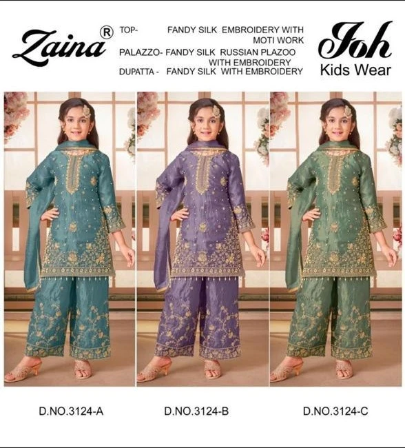 Zaina Joh Kids Wear 3124 Beads Work catalog cover featuring girls wearing salwar suit sets in blue, purple, and green with embroidery and bead work.