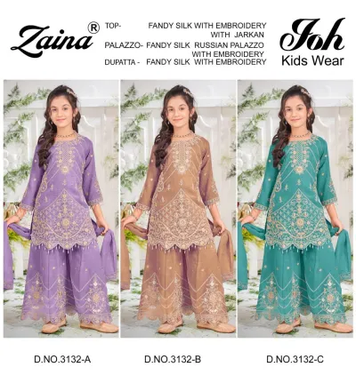 Zaina Joh Kids Wear 3132 Embroidery Work: Catalog cover featuring girls in fandy silk salwar suits with embroidery and jarkan work in purple, brown, and teal.