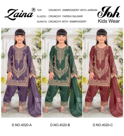 Zaina Joh Kids Wear 4020 Embroidery Work catalog cover featuring three girls in salwar suits with embroidery and jarkan work in purple, green, and maroon.