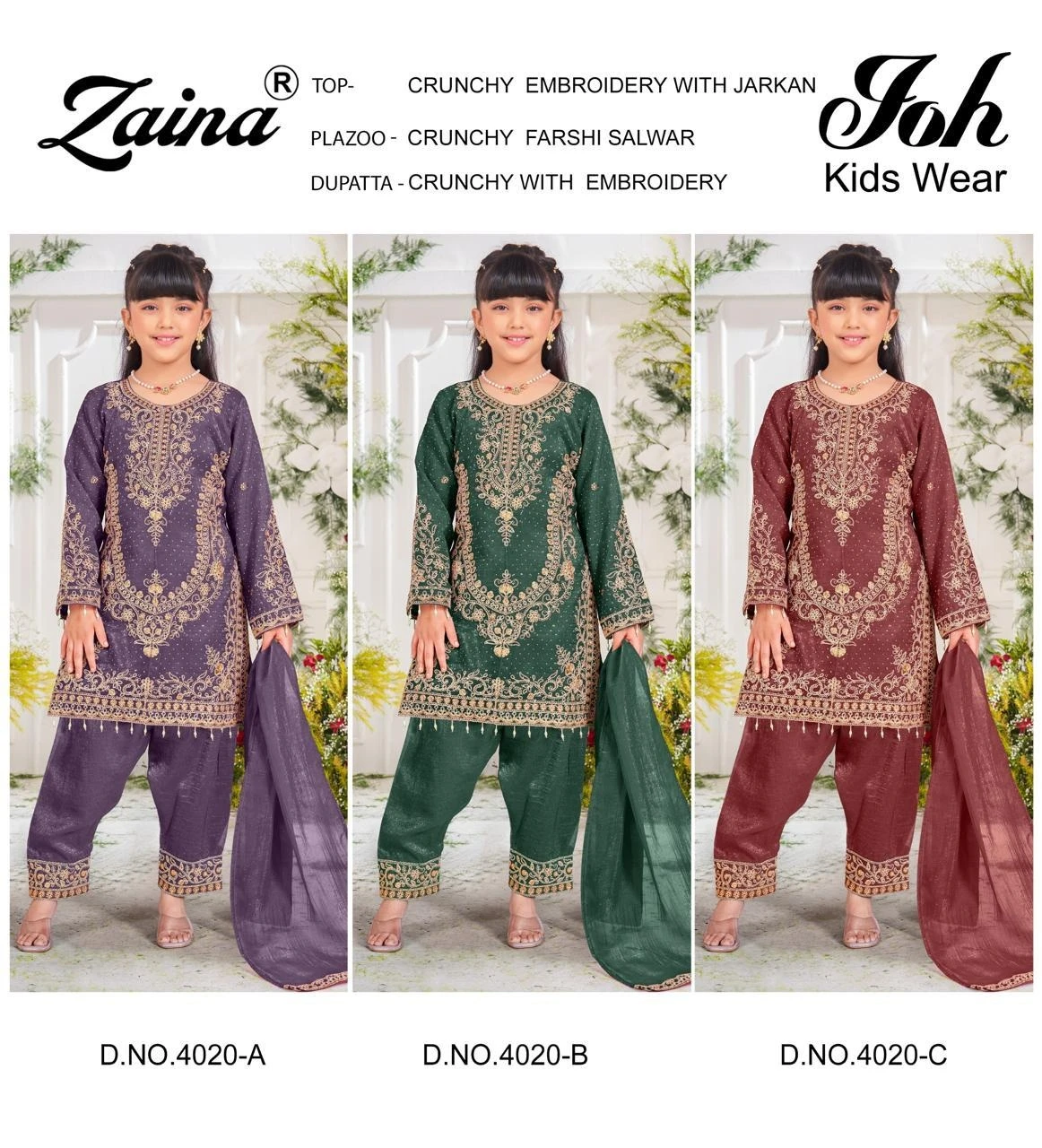 Zaina Joh Kids Wear 4020 Embroidery Work catalog cover featuring three girls in salwar suits with embroidery and jarkan work in purple, green, and maroon.
