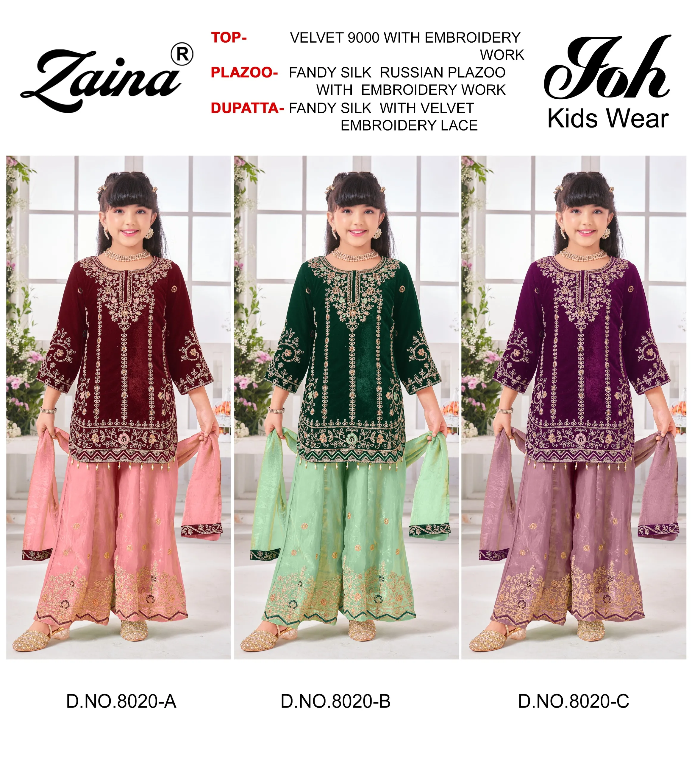 Zaina Joh Kids Wear 8020 Velvet Embroidery Work, catalog collage showing three girls wearing velvet kurta and silk plazoo suits with intricate embroidery work.