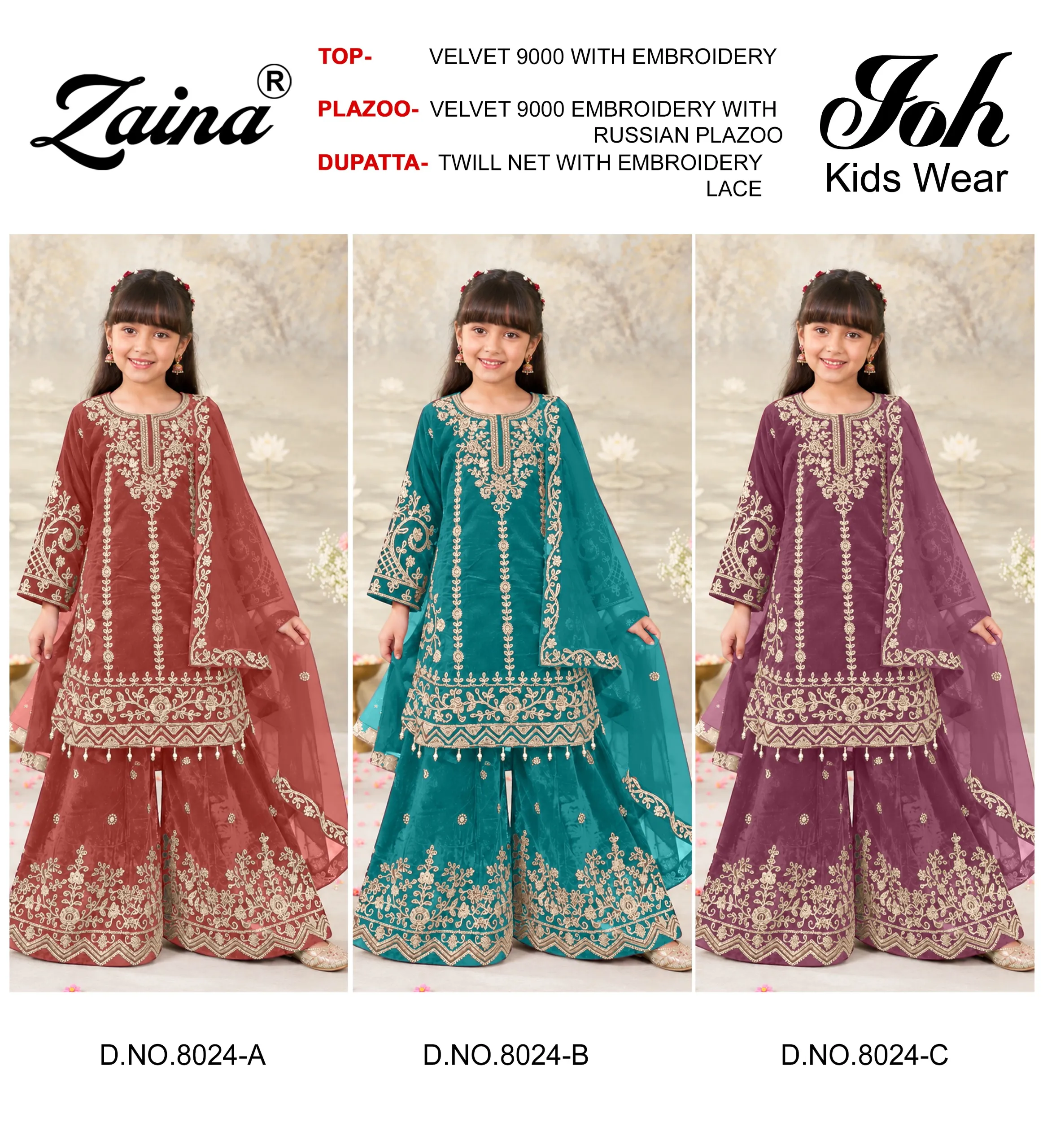 Zaina Joh Kids Wear 8024 Velvet Embroidery Work catalog cover featuring three girls wearing velvet salwar suits with embroidery in red, teal, and purple.