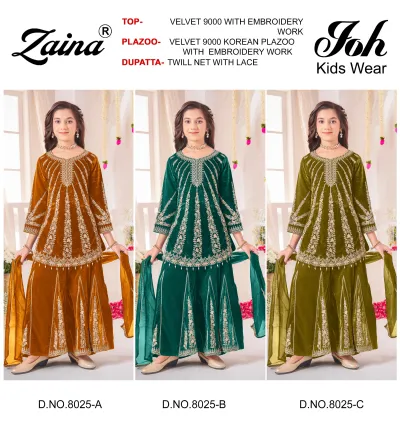 Zaina Joh Kids Wear 8025 Velvet Embroidery Work catalog cover featuring three girls in brown, green, and olive velvet plazoo suits with embroidery.