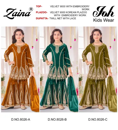 Zaina Joh Kids Wear 8026 Velvet Embroidery Work catalog cover featuring three girls wearing velvet salwar suits with embroidery work and lace-trimmed net dupattas.