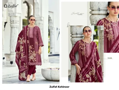 Zulfat Kohinoor: Model wearing a wine-colored printed salwar suit featuring vertical stripes and large floral patterns on the kurta and dupatta.