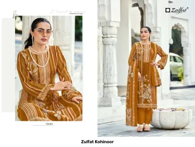 Zulfat Kohinoor: Model wearing a mustard-yellow printed salwar suit with vertical stripes and floral detailing on the kurta and dupatta.