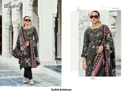 Zulfat Kohinoor: Model wearing a black printed salwar suit with grey stripes, floral motifs, and a matching patterned dupatta.