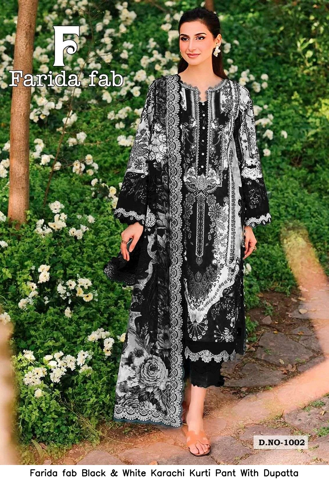 Farida fab Black &amp; White Karachi Kurti Pant With Dupatta 2