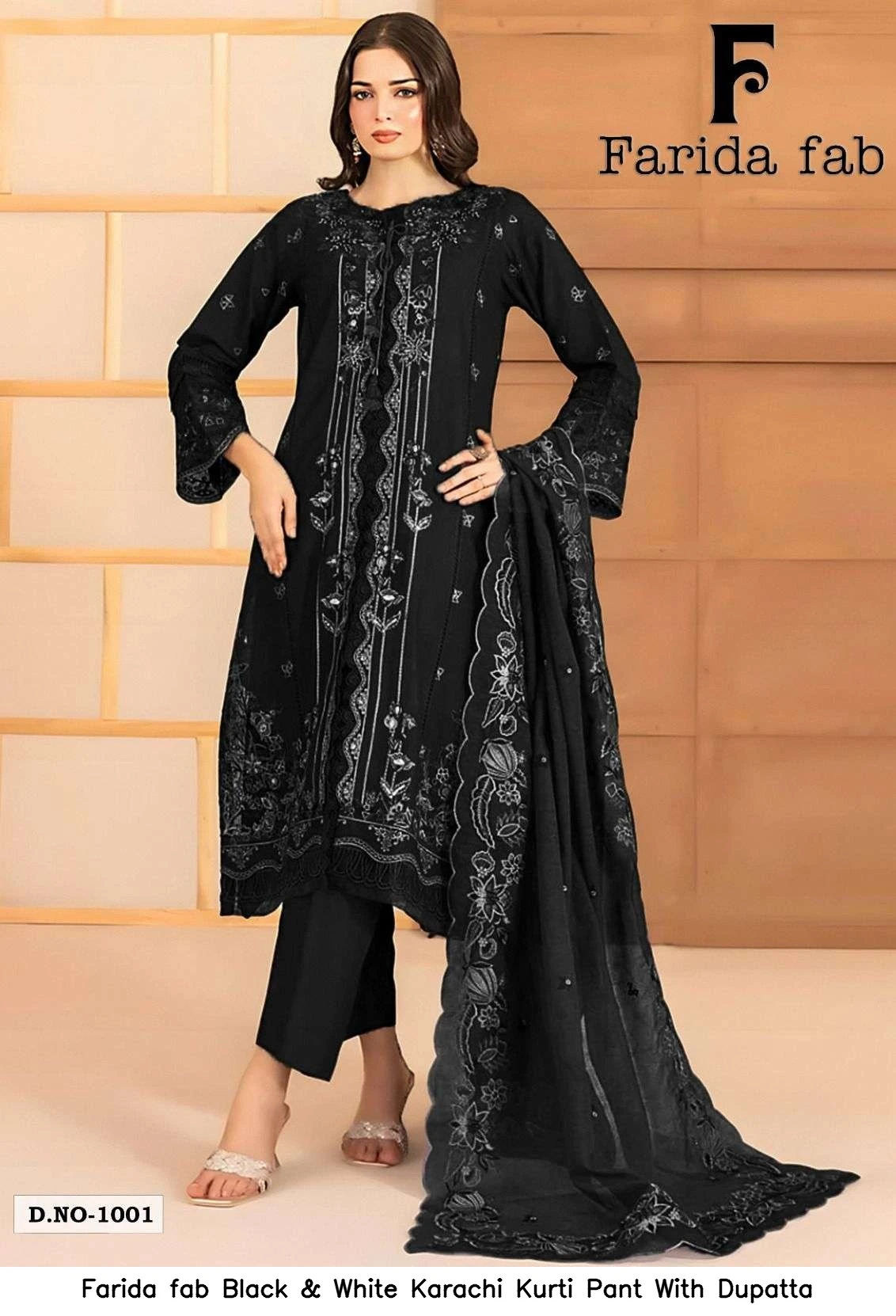 Farida fab Black &amp; White Karachi Kurti Pant With Dupatta 3