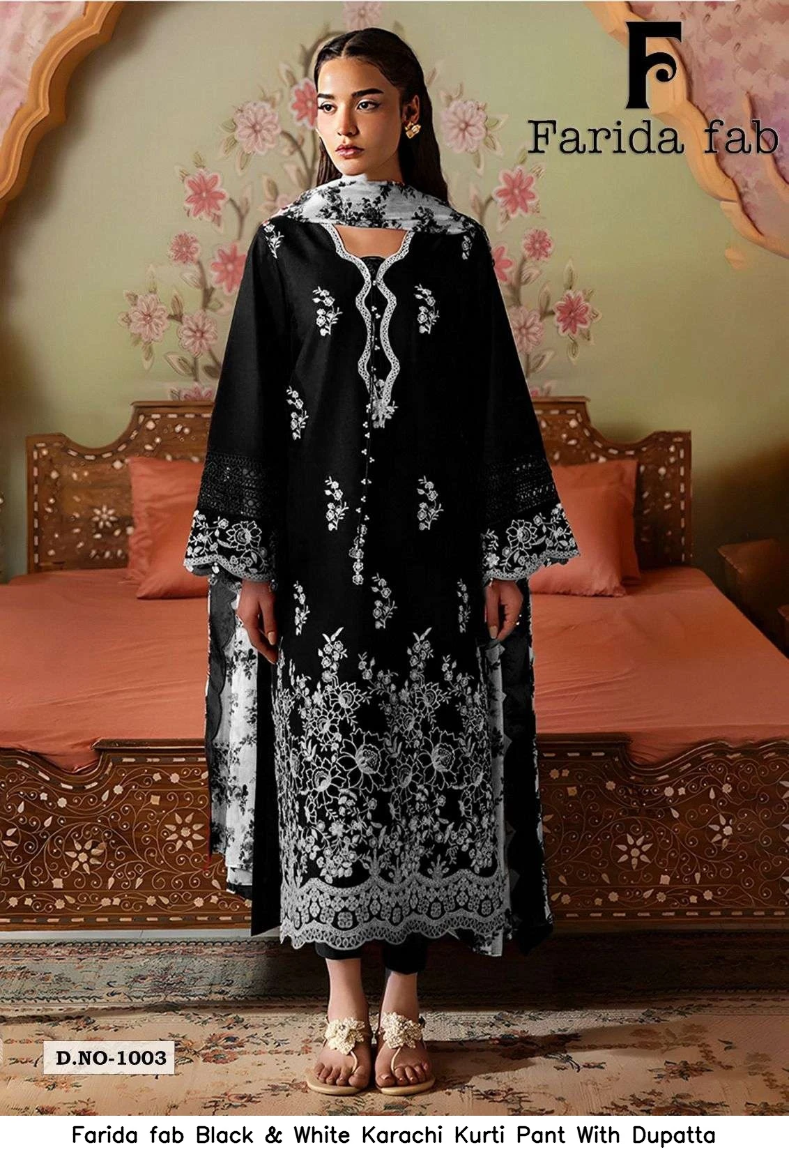Farida fab Black &amp; White Karachi Kurti Pant With Dupatta 4