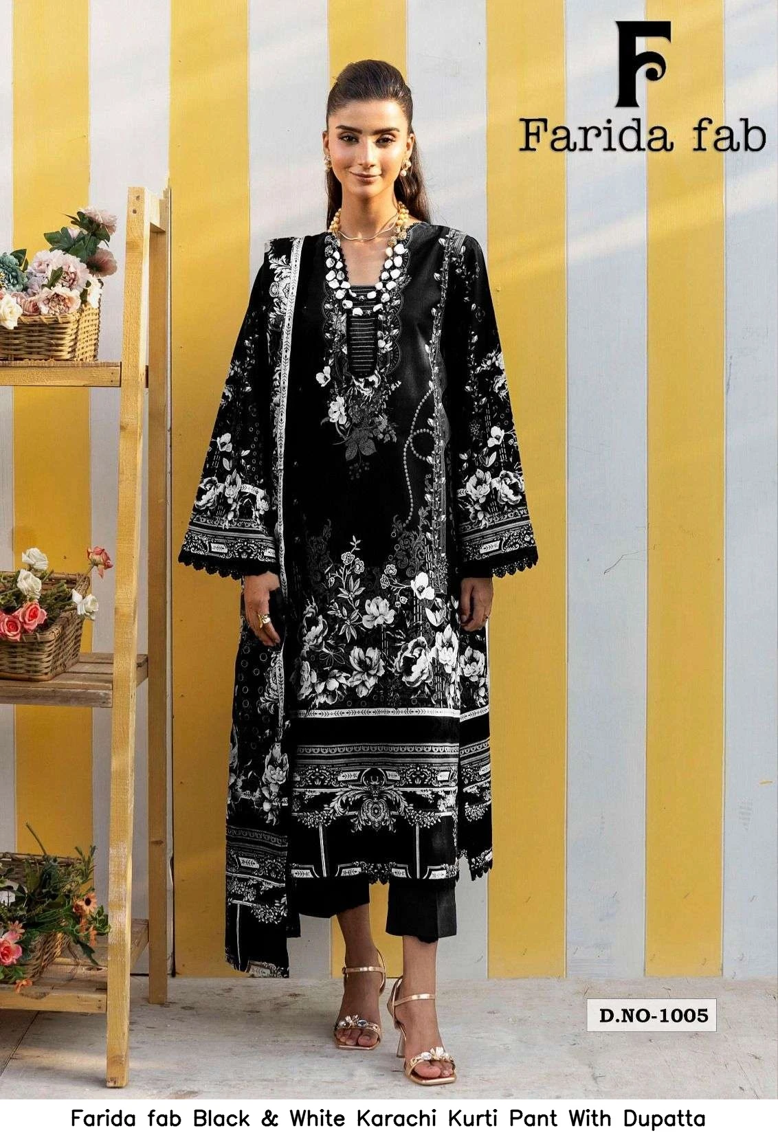 Farida fab Black &amp; White Karachi Kurti Pant With Dupatta 6