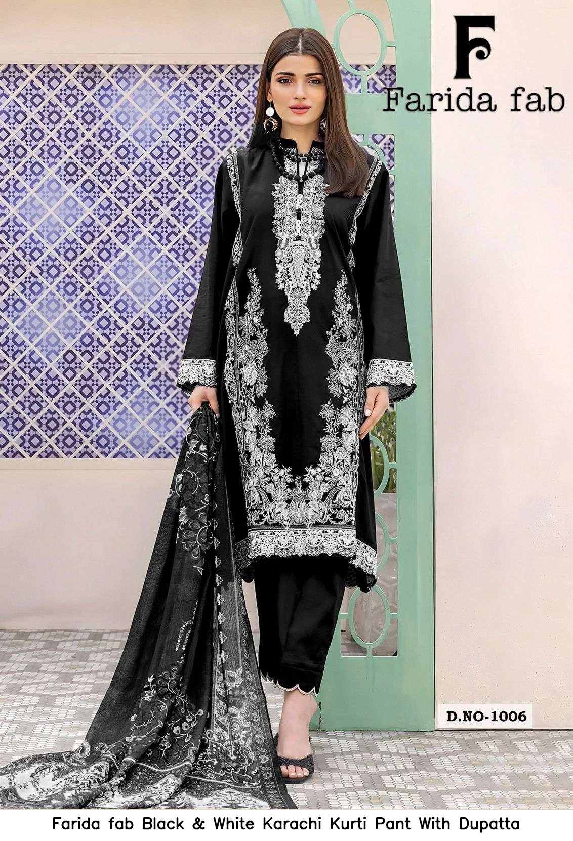 Farida fab Black &amp; White Karachi Kurti Pant With Dupatta 7