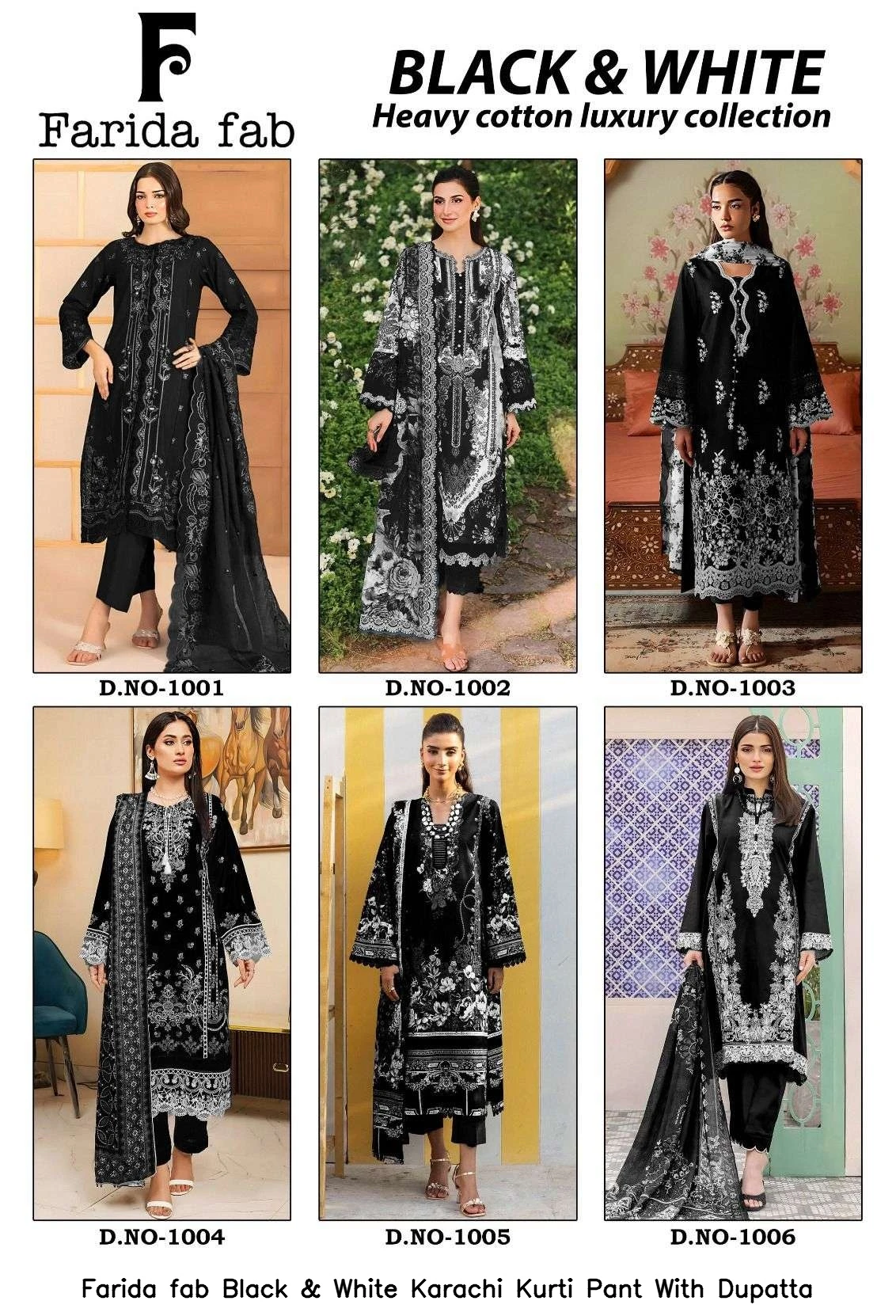 Farida fab Black &amp; White Karachi Kurti Pant With Dupatta 8
